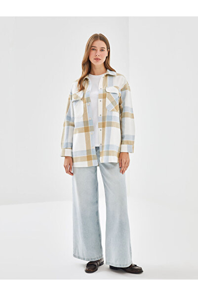 LC Waikiki LCW Modest Açık Mavi Ekoseli Ekose Oversize Kadın Gömlek Tunik