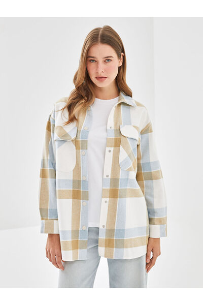 LC Waikiki LCW Modest Açık Mavi Ekoseli Ekose Oversize Kadın Gömlek Tunik