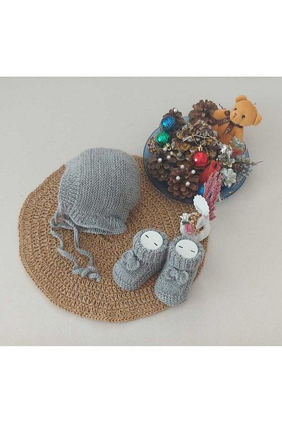 BEGİN Gray Cotton Lora Hat for 0-12 Months Baby - Newborn Gift Booties