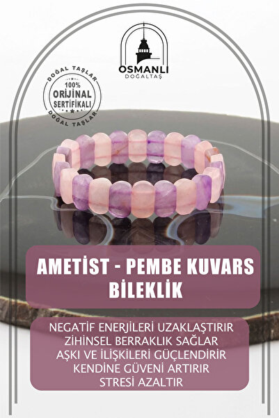 OSMANLI DOĞAL TAŞ Sertifikalı Ametist Pembe Kuvars Özel Kesim Bileklik B434