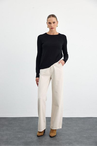 Tuba Butik Crew Neck Basic Knitwear Black Women's Sweater