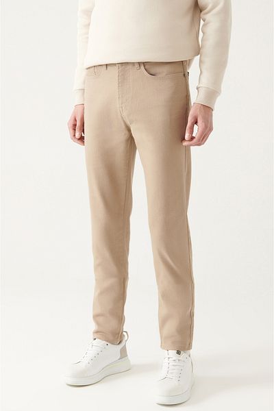 Avva Men's Beige Basic 5 Pocket Cotton Trousers B 003007