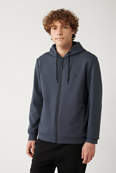 Avva Erkek Antrasit Kapüşonlu İnterlok Kumaş Fermuarlı Basic Regular Fit Sweatshirt B001102