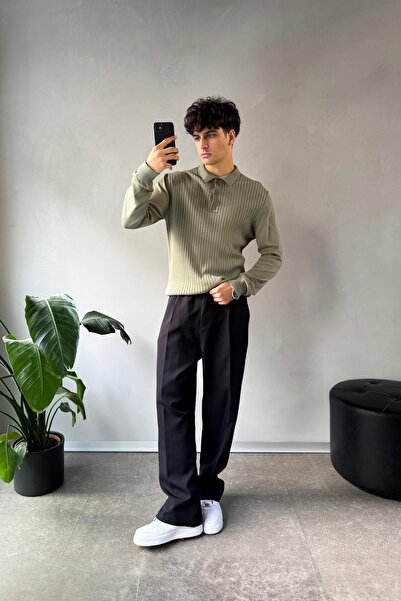 Flaw Wear Polo Neck Thin Khaki Knitwear Sweater