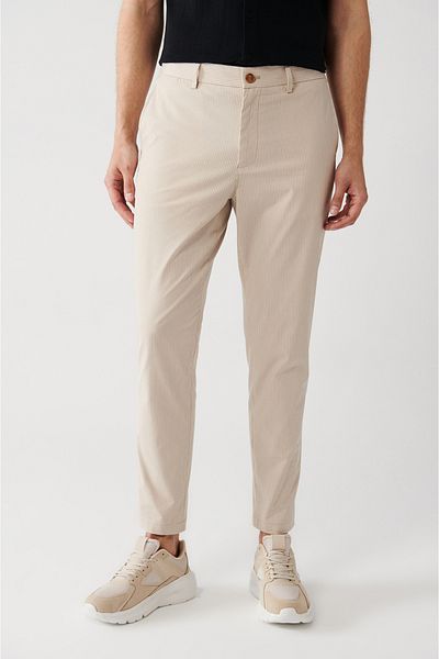 Avva Beige gestreifte Herrenhose mit elastischem Bund und Schnürung A31y3206