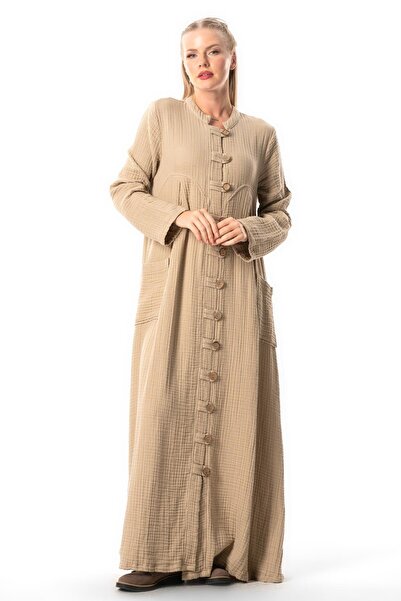 Eliş Şile Bezi Hakim Collar Heaven Long Sleeve Muslin Ferace - with Button Detail and Pockets, Autumn and Winter, Mink Vzn