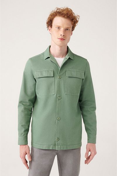 Avva Grüner Herrenmantel aus 100 % Baumwolle mit Kappe und Tasche A31y6050