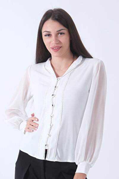 Feminist Yaka ve Düğme Dantel Detaylı Gömlek Beyaz 4202761