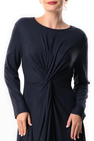 Eliş Şile Bezi Athena Knot Detailed Navy Blue Midi Viscose Dress - Long Sleeve, Autumn and Winter