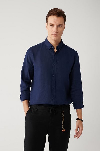 Avva Herrenhemd Indigo 100% Leinen mit Knopfkragen B 002191