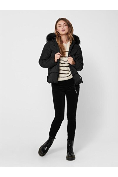 ONLY Onlmonica Short Puffer Kadın Mont 15205638 -Siyah Kürklü Kapüşonlu