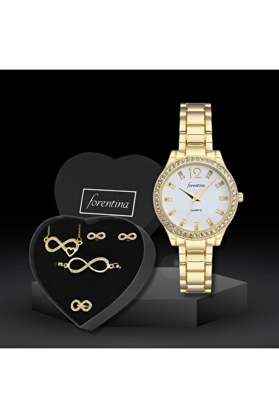 Forentina Altın Kaplama Sonsuzluk Kolye Küpe Bileklik Yüzük-Metal Kol Saati H...