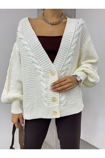 Modamorfo Ecru Araboy Cardigan - pletený vzor a detail knoflíku