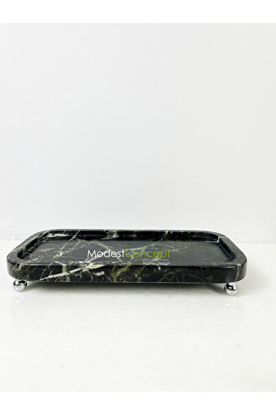 Modestmar Doğal Siyah Mermer Sunum Tabağı, Servis Tabağı Oval Kenar Gümüş Top...