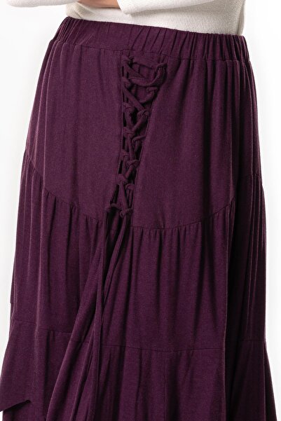 Eliş Şile Bezi Asymmetric Cut Viscose Skirt - Elastic Waist and Crimson Tie, Long Plum Mrd