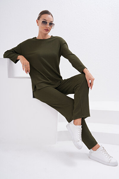 DEVRİMAY TEKSTİL Σετ γυναικείο τουνίκ και παντελόνι σε χακί χρώμα