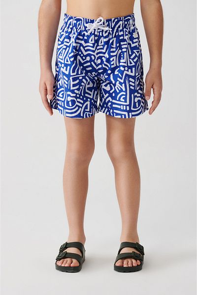 Avva Blaue, schnelltrocknende, geometrisch bedruckte Standardgröße für Kinder, spezielle Boxed Comfort Fit-Badeanzug-Meeresshorts
