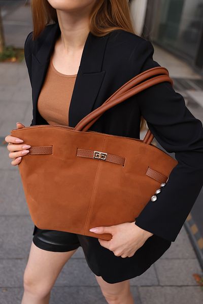 BAHELS Γυναικεία Camel Suede Δερμάτινη τσάντα χειρός και ώμου με κλειδαριά με μαγνήτη