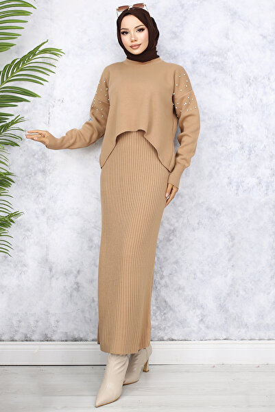 benguen 6109 İnci Detaylı Jile Triko Takım Vizon