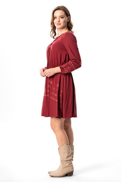 Eliş Şile Bezi Burgundy Brd Embroidered Long Sleeve Viscose Dress - Autumn and Winter Authentic, Short Combed Cotton
