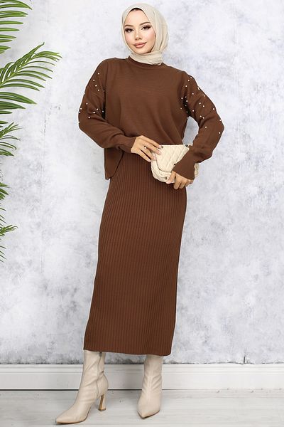benguen 6109 Model Gilet Knitwear Σετ - Πέρλα Λεπτομέρεια, Καφέ