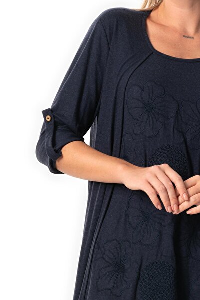 Eliş Şile Bezi Navy Blue Midi Length Viscose Combed Cotton Dress - Long Sleeve, Autumn and Winter Authentic Lcvt