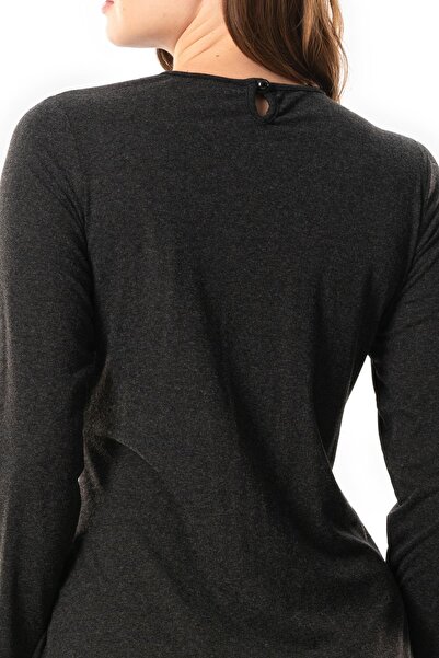 Eliş Şile Bezi Athena Gray Gray Long Sleeve Midi Viscose Dress - Knot Detailed Autumn and Winter