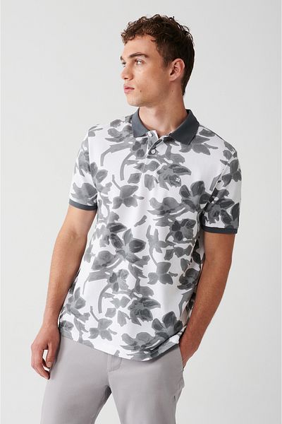 Avva Anthrazitfarbenes Herren-T-Shirt aus 100 % Baumwolle mit bedrucktem 2-Knopf-Polokragen A31y1160