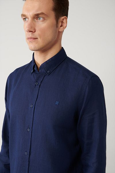 Avva Herrenhemd Indigo 100% Leinen mit Knopfkragen B 002191