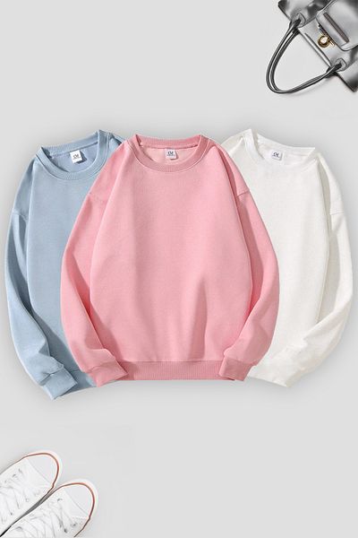 COMBİNE MİCHAİL Unisex Pack of 3 Pink Ecru Baby Blue Crew Neck Oversize Sweatshirt
