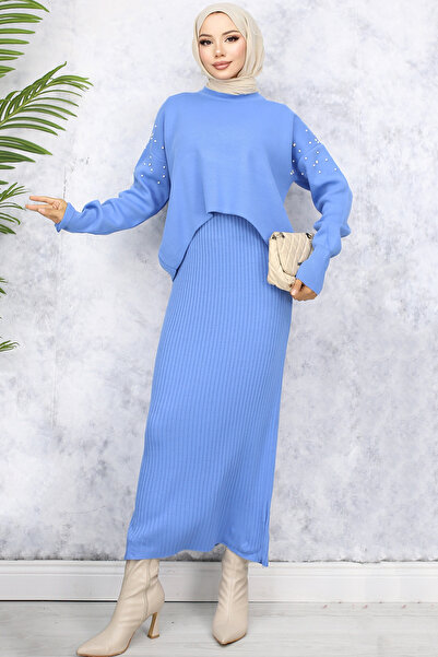 benguen 6109 İnci Detaylı Jile Triko Takım Mavi