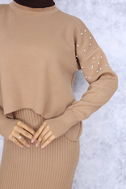 benguen 6109 İnci Detaylı Jile Triko Takım Vizon