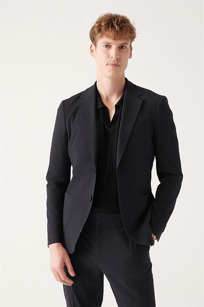 Avva Schwarze, strukturierte, ungefütterte Seersucker-Jacke mit Doppelschlitz für Herren A31y4012