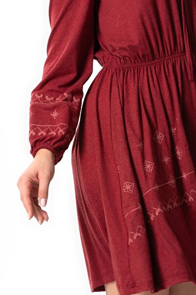 Eliş Şile Bezi Burgundy Brd Embroidered Long Sleeve Viscose Dress - Autumn and Winter Authentic, Short Combed Cotton