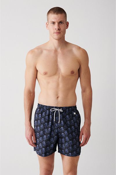 Avva Schnelltrocknende Badeshorts mit kleinem Oktopus-Aufdruck in Marineblau, Standardgröße, speziell verpackt, bequeme Passform
