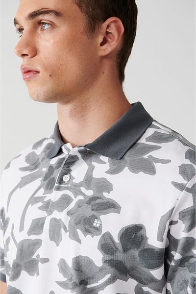 Avva Anthrazitfarbenes Herren-T-Shirt aus 100 % Baumwolle mit bedrucktem 2-Knopf-Polokragen A31y1160