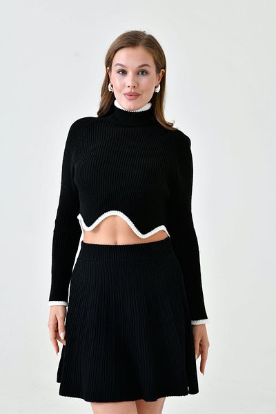 WOMAN VISION Pulover tricot negru crop, cu mânecă lungă, cu croială asimetrică, pentru femei, 137