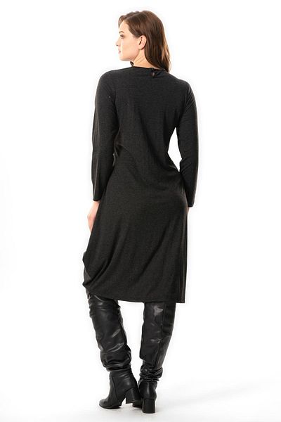 Eliş Şile Bezi Athena Gray Gray Long Sleeve Midi Viscose Dress - Knot Detailed Autumn and Winter