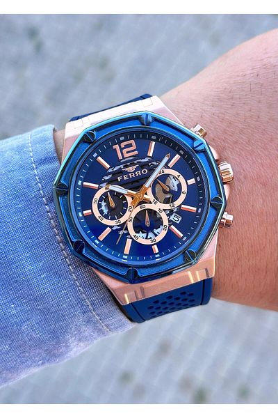 FERRO Men's Wristwatch - Waterproof Steel Case and Silicone Cord