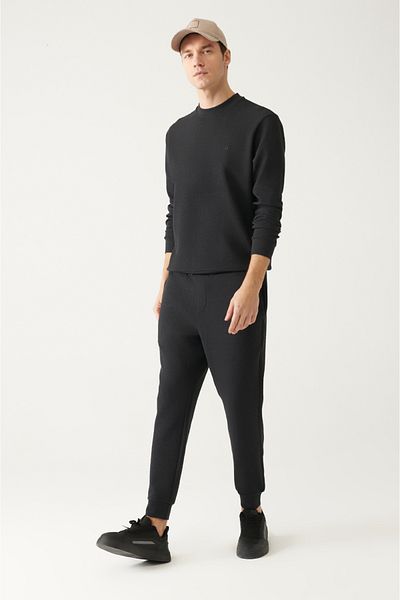 Avva Anthrazitfarbene Herren-Jacquard-Baumwoll-Jogginghose mit Schnürung am Bund und elastischen Beinen A31y3450