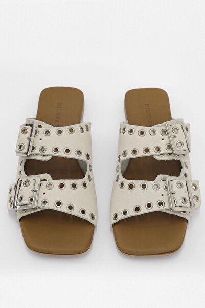 NILUFARR Жіночі тапочки з ремінцем з натуральної шкіри бежевого кольору - Block