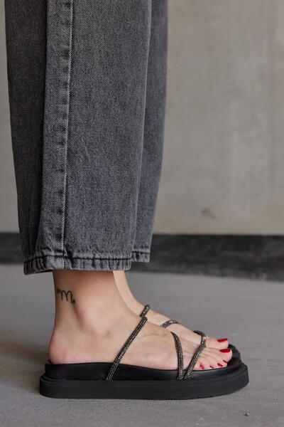 NILUFARR Γυναικείες παντόφλες Shiny Black Γνήσιο Δερμάτινο Stone