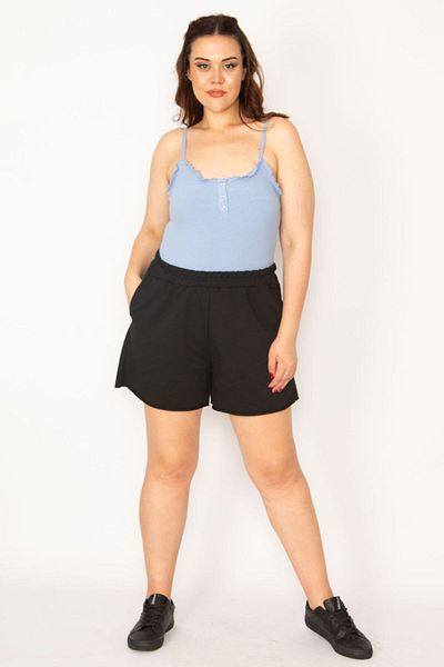 Şans Women's Large Size Black Elastic Waist Shorts with Side Pockets 65n33177