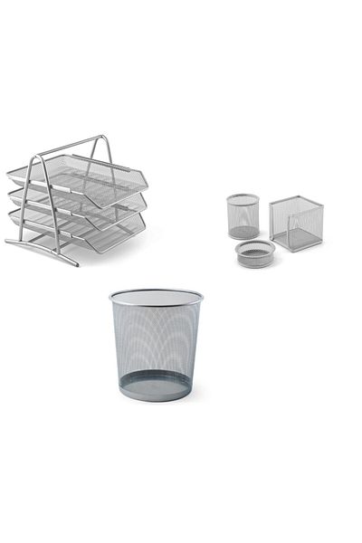 Mas Metal Office Set Silver (Pack of 3 Sheets Shelf, Pen Holder, Stone Holder, Cube Block, Dump Bucket)