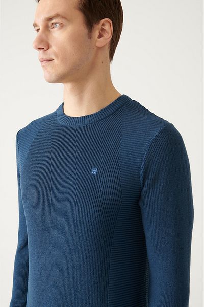 Avva Férfi indigó nyakú jacquard kötöttáru pulóver A22y5178