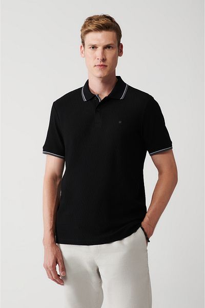 Avva Pánské žakárové tričko Polo Neck – černé, 2 knoflíky, 100% bavlna A31Y1185