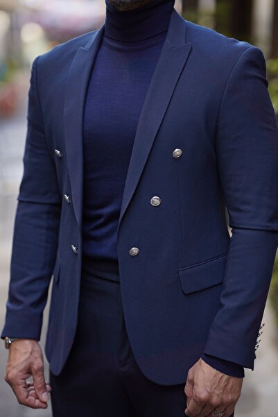 Fc Plus Navy Blue Single Jacket Slim Fit