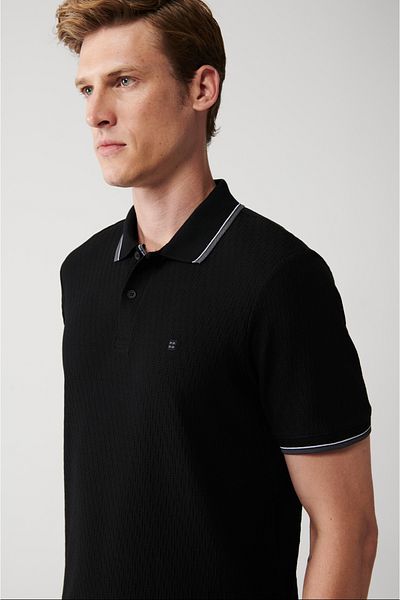 Avva Pánské žakárové tričko Polo Neck – černé, 2 knoflíky, 100% bavlna A31Y1185