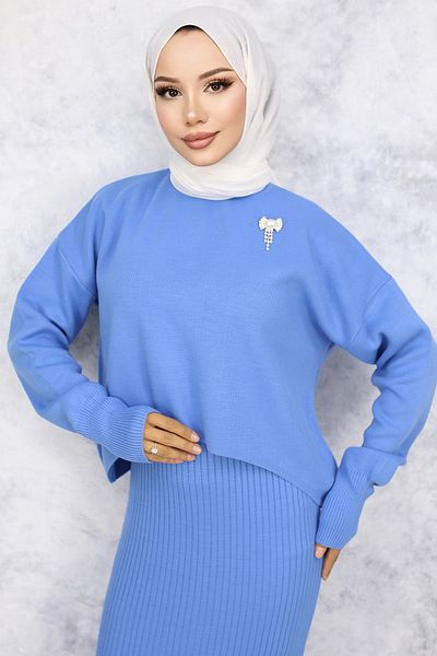 benguen 6110 Set de tricotaje cu gilet cu broșă cu gât rotic, albastru