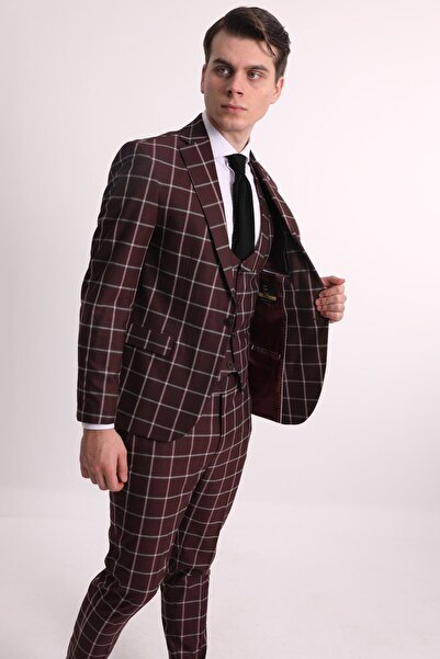 Fc Plus Bordo Yelekli Erkek Takım Elbise - Slım Fıt